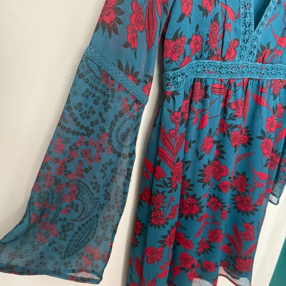 Abercrombie & Fitch y2k Boho Teal Blue Red Floral Crochet Babydoll Mini Dress - Picture 4 of 6